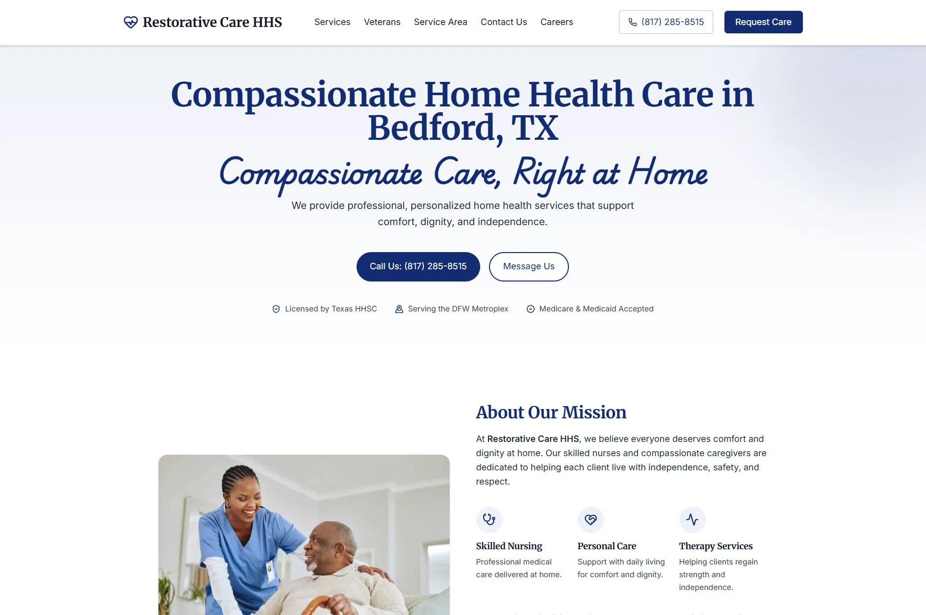 The Restorative Care HHS website homepage, built by OmniWeb